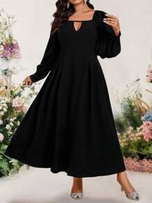 Bellastra Plus Size Solid Long Sleeve Dress, Simple & Fashionable Suitable For Summer - Navy Blue - View 1