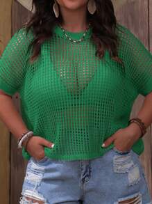 SHEIN VCAY Plus Size Casual Solid Color Hollow Knit Sweater - Green - View 3