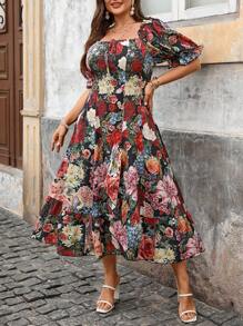 SHEIN VCAY Große Größen Damen Vintage romantischer Blume Muster Quadratausschnitt Puffärmel Rüschensaum Seitenschlitz Prinzessin Maxikleid, Sommer Resort Maxikleid