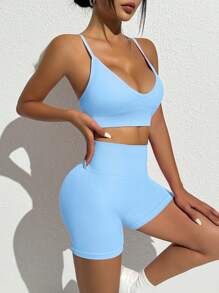 Sovereign Charm 女士纯色吊带背心和短裤无缝瑜伽套装 - 淺藍色 - 查看 4