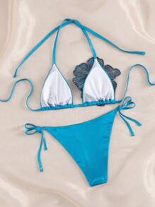 Sirith Bộ bikini dây buộc hai bên đính sequin hoa thời trang mới gợi cảm dành cho nữ, phù hợp cho kỳ nghỉ hè - Màu xanh lam - Xem 8