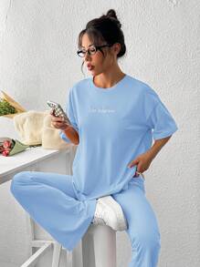 SHEIN EZwear 针织字母刺绣落肩袖T恤和喇叭裤套装 - 藍色 - 查看 3