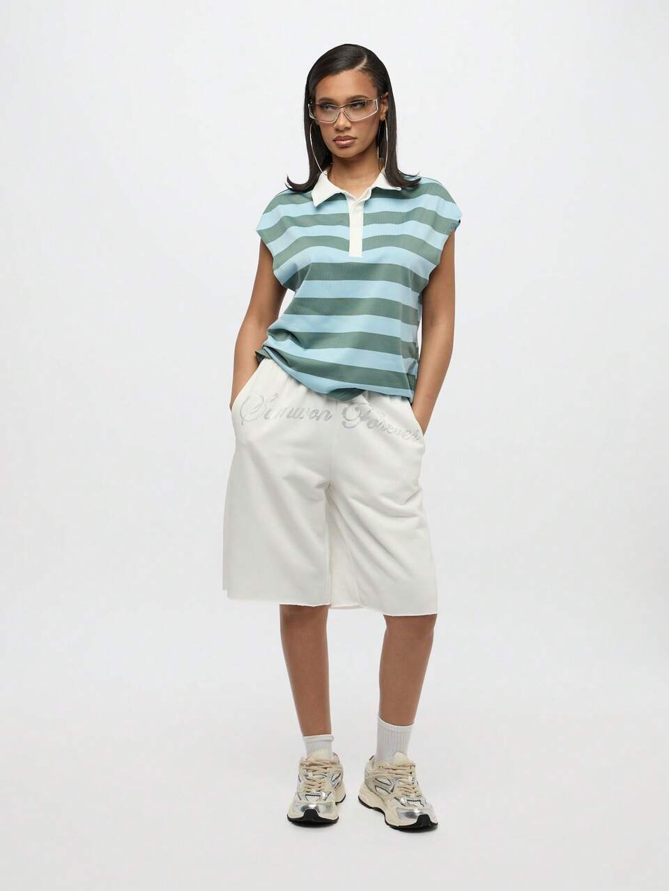 SUMWON WOMEN Oversized Rugby Stripe Cap Sleeve Polo Shirt