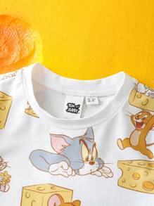 TOM & JERRY X SHEIN Ensemble de 2 pièces pyjama : T-shirt à manches courtes blanc décontracté et confortable avec imprimé de fromage et dessin animé de jeune garçon, et short
