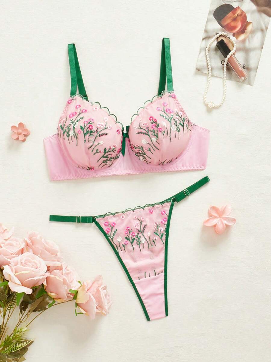 SHEIN Juego de 2 piezas de sujetador con aros de encaje y bordado en talla grande - Rosa Pálido - Ver 1