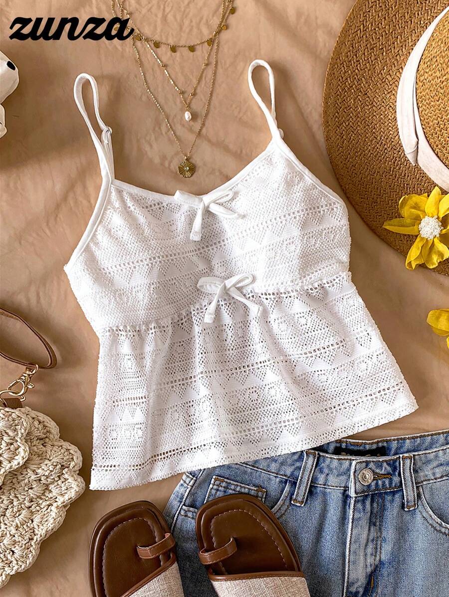 Tween Girls Bowknot Hollow Cami Tank Top, Fashionable For Summer Casual Wear Summer Holiday - White - View 1