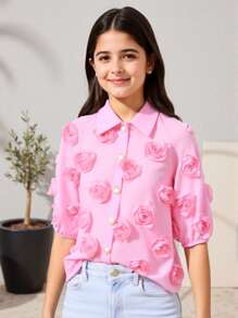 Blusa de unicolor con cuello de flor de rosa 3D y mangas dolman para niñas - Rosa - Ver 3