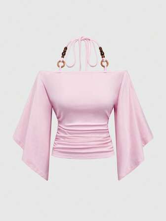 Hippie Top pour femme vintage ample à épaules dénudées avec décoration de perles en bois et manches chauve-souris