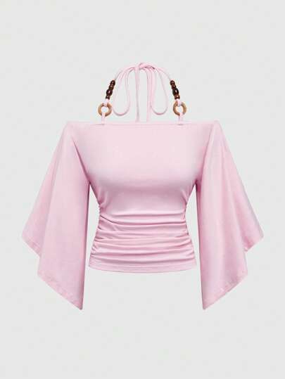 Hippie Top da donna vintage con maniche a pipistrello, spalle scoperte, decorato con perle di legno, ampio