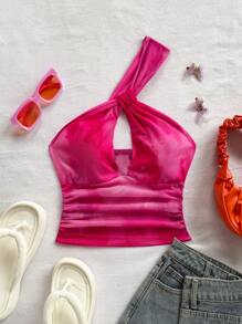 Soleia Blusa con hombro descubierto, espalda abierta y degradado para mujer, adecuada para vacaciones, festivales de música, estilo bohemio, reuniones y tardes de té - Marrón - Ver 3