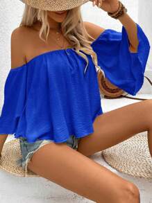 Breezaya Solid Color Off Shoulder Vacation Style Elegant Women Blouse, Summer - Royal Blue - View 4