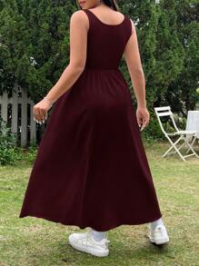 SHEIN EZwear Đầm thường ngày màu trơn cỡ lớn, phù hợp cho mùa hè - Màu Đỏ Sâu - Xem 2