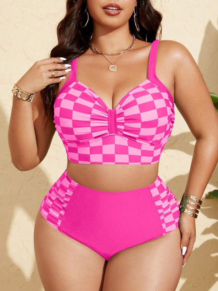 Swim Lushoire Große Größen Frauen Schachbrett Plissee Bikini Set, Sommer Strand