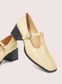 CUCCOO DOLLMOD New Yellow Oxford-Style Square Toe Chunky Heel Vintage Anti-Slip Comfortable Women High Heel Pumps