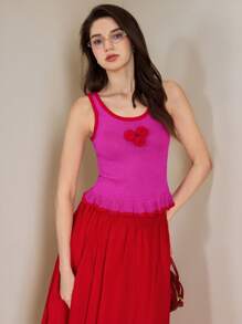 Muvela Maglietta estiva da donna con orlo a fiori 3D lavorato a maglia, camicetta corta carina per abbigliamento casual da donna