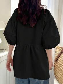 FRIFUL 女士休闲纯色拉链前泡泡袖衬衫，夏季娃娃装上衣 - 黑色 - 查看 5