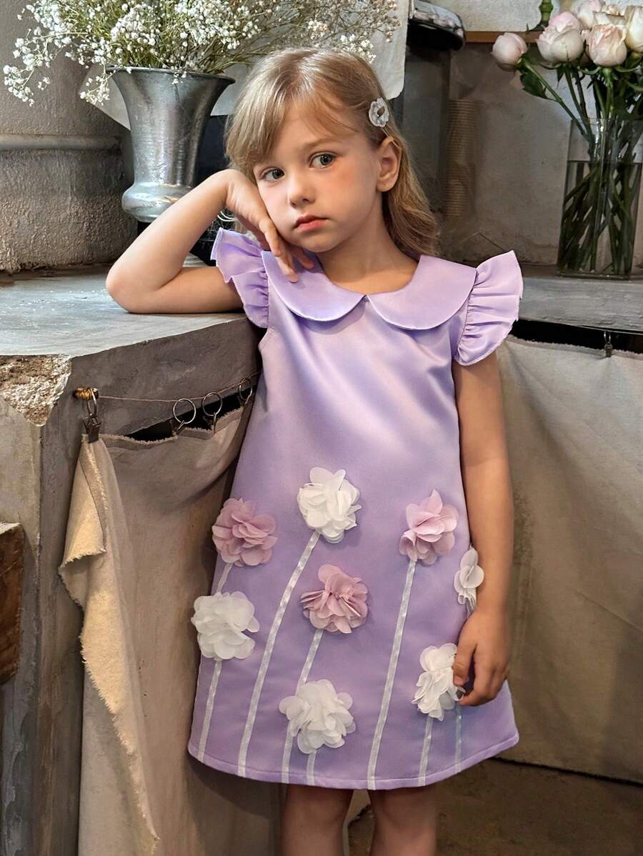 SHEIN Young Girl 4-7Y Elegant Luxurious Sweet Cute 3D Flower Embroidered Collar Cap Sleeve Princess Dress, Formal Party Dress Suitable For Holiday Celebration, Birthday Party, Photo Shoot, Outdoor Activity, Vacation, Daily Wear, Spring/Summer - Purple - View 1