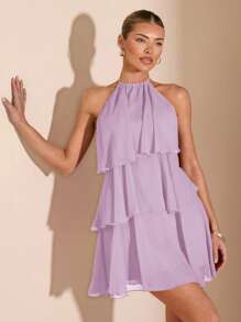 SHEIN BAE 夏季海滩度假纯红色层叠荷叶蛋糕雪纺迷你连衣裙，适合日常约会、夜间外出、夜总会、派对、聚会、鸡尾酒会、泳池派对、返校季服装、学校季连衣裙、节日连衣裙、芭蕾舞裙 - 淡紫色 - 查看 6