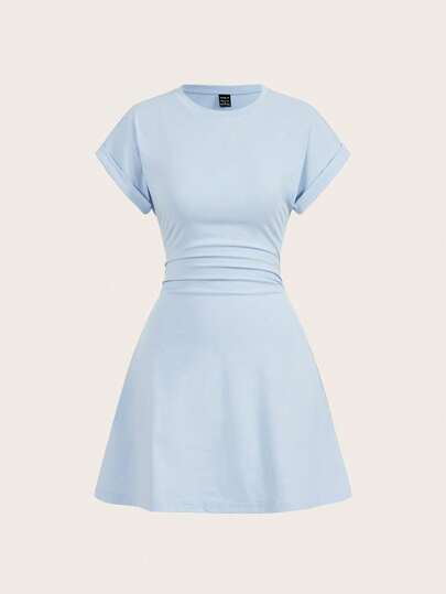 SHEIN BASICS Women's Casual Solid Color Knit Round Neck Short Sleeve Side Drawstring Mini Dress,Summer Dresses For Women,Pastel Dresses For Women