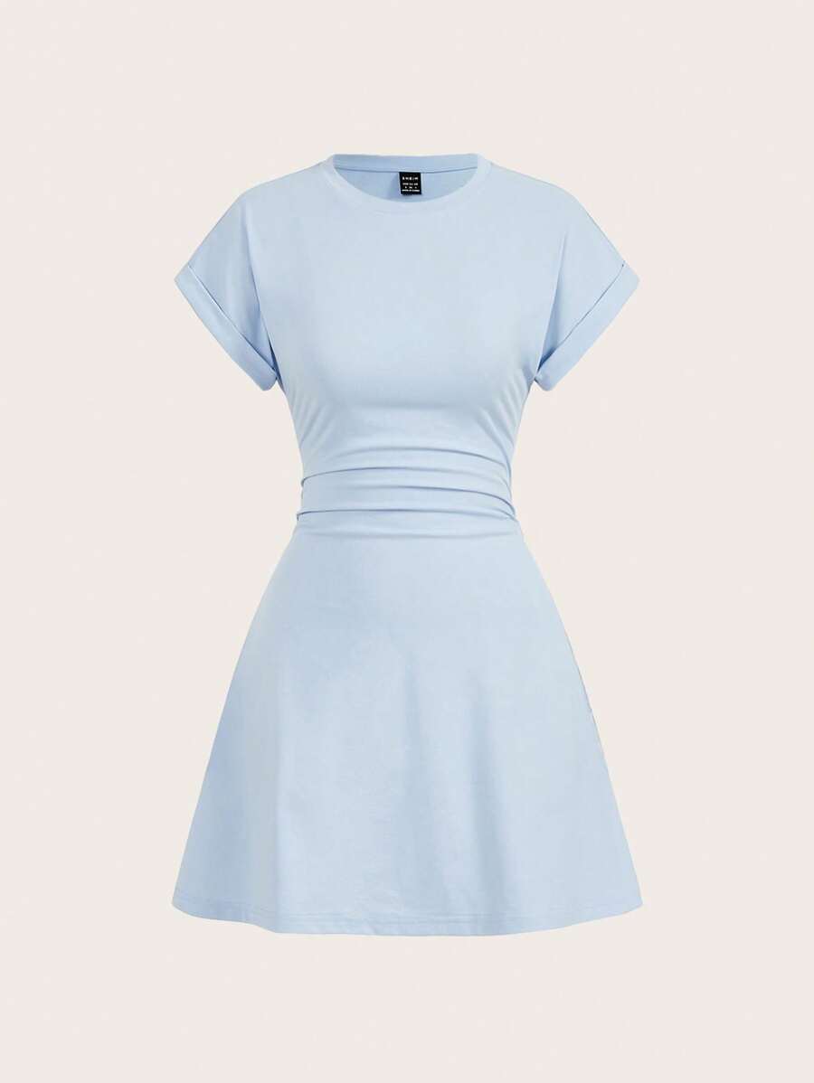 SHEIN BASICS Đầm mini dệt kim màu trơn cổ tròn tay ngắn dây rút bên hông cho nữ - Màu xanh lam - Xem 1