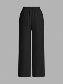 SHEIN Essnce 3 件套简约纯色纹理直筒裤，休闲女士夏季裤子 - 彩色 - 查看 4