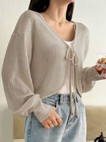 Dazy Plus Plus Size V-Neck Solid Color Cropped Tie Front Long Sleeve T-Shirt, Spring/Summer,Fall Clothes