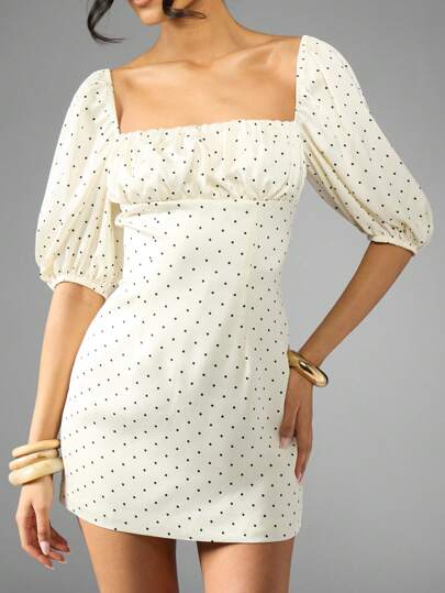 MISSGUIDED Polka Dot Mini Dress With Puff Sleeves Square Neck Empire Waist MISSGUIDED