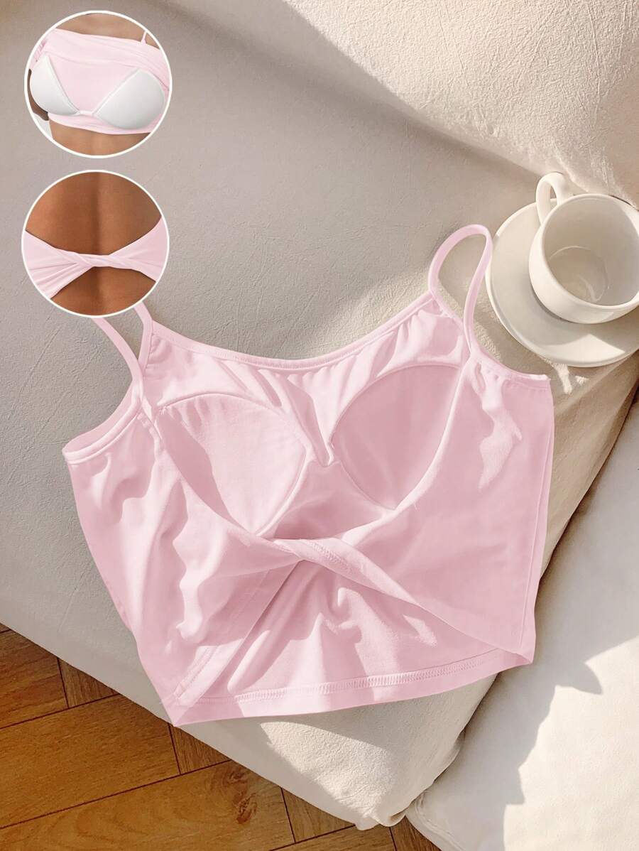 Comfortcana Áo hai dây xoắn lưng có đệm dành cho nữ mùa xuân/hè - Hồng - Xem 1
