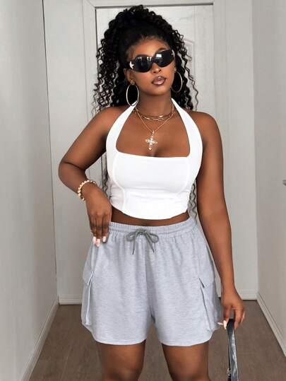 Maweii Plus Size Solid Color Casual Knit Shorts