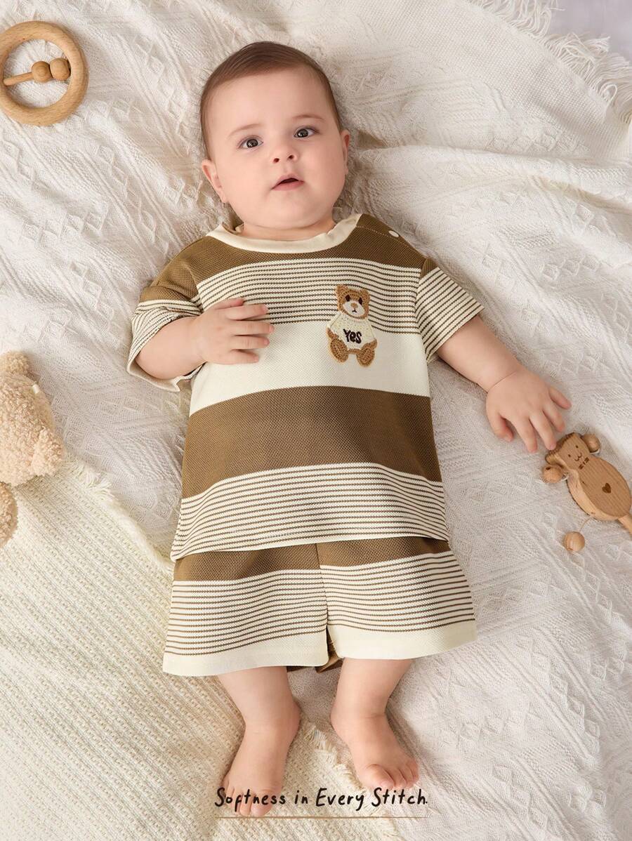Cozy Pixies Newborn Baby Boy/Girl Cartoon Bear Pattern Knit Soft Crew Neck Short Sleeve Top And Elastic Waist Shorts 2 Pieces Set - Apricot - View 1