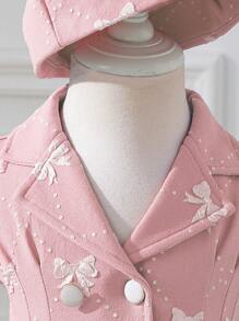 Elladie kids 女婴梦幻蓝色蝴蝶结纹理优雅经典连衣裙，配贝雷帽 - 粉色 - 查看 4