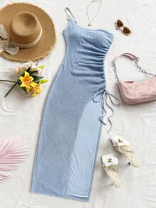 Soleia Đầm dài dệt kim họa tiết tổ ong bó sát xẻ tà cho nữ ngày lễ, viền rút dây, thích hợp cho tiệc tùng, hẹn hò, gợi cảm, trà chiều, bãi biển, mùa hè, lễ hội âm nhạc, mùa cưới - Màu xanh lam - Xem 4