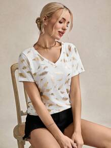 SHEIN LUNE Women's Casual Simple Fashion Foil T-Shirt - White - View 4