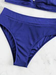 Swim Basics Summer Beach Rib Triangle High Waisted Bikini Set - Royal Blue - View 4