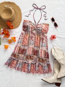 Soleia Đầm hở lưng mini in họa tiết nhiều màu sắc thời trang, buộc dây phía trước, eo xếp nếp, trang phục lễ hội âm nhạc - Nhiều màu - Xem 5