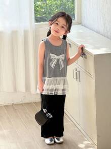 SHEIN Young Girl Casual Bowknot Ruffle Hem Sleeveless Round Neck Tank Top, Suitable For Summer - Grey - View 4