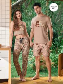 SHEIN Cartoon Bear Print Casual Short Sleeve Shorts Men Pajama Set - Multicolor - View 3