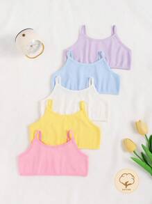 5pcs Girls' Simple & Fashion Blue, Pink, Yellow, Purple, Green Comfortable Camisole Set