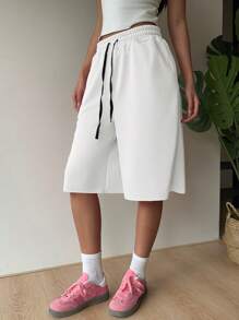 SHEIN EZwear 白色针织阔腿百慕大短裤，运动风，夏季 - 白色 - 查看 6