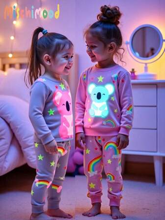 SHEIN Perso Play 2 Pieces Sets Snug Fit Night Wear Baby Girls Cute Colorful Glow-In-The-Dark Rainbow, Star, Koala Print Pattern Long Sleeve Pajamas And Pants 2 Pieces Pajama Set .This Product Requires UV Light Exposure To Glow.