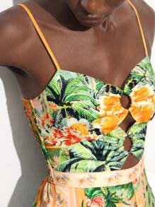 Maija Tuta da donna estiva con stampa tropicale a piante della foresta pluviale in arancione, con spalline regolabili, tasche laterali invisibili con zip, stile casual, sexy, da spiaggia, vacanza, stile hawaiano