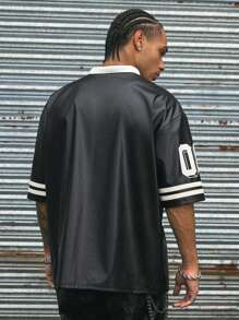 AXEPEAK 街头风格宽松数字印花短袖男士平纹 Polo 衫，休闲日常穿着，学校，街头服饰 - 黑色 - 查看 2