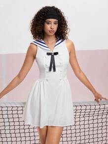 SHEIN MOD White Peter Pan Collar Bowknot Decor A-Line Dress - White - View 6