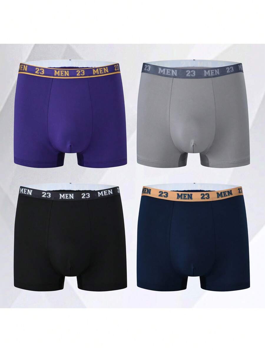 SHEIN 4pcs/Pack Men's Comfortable Letter Printed Elastic Waistband Boxer Briefs - Multicolor - View 1