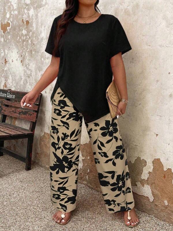 EMERY ROSE 2pcs Plus Size Women Set: Solid Color Asymmetrical Hem Top & Printed Contrast Color Pants