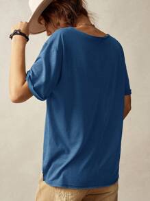 SHEIN BohoFeels 女士休闲纯色V领短袖宽松T恤 - 藏蓝色 - 查看 2