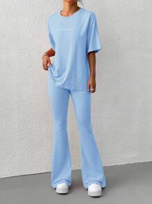 SHEIN EZwear 针织字母刺绣落肩袖T恤和喇叭裤套装 - 藍色 - 查看 5
