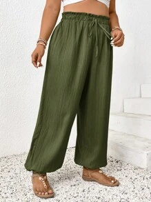 SHEIN Frenchy 大码纯色时尚裤，适合夏季 - 軍綠色 - 查看 1