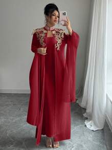 Selianne 2 Pieces Set Elegant Robe With Embellishment Decoration Robe And Dress - Red - View 4