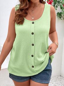 SHEIN VCAY Plus Size Women Casual Loose Button Design Tank Top - Green - View 4